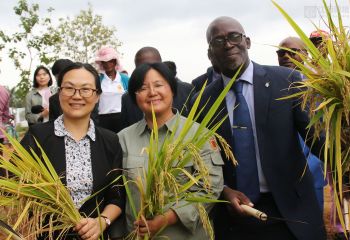 播種希望 慶賀豐收——中國駐赤道幾內亞大使亓玫，赤道幾內亞農業(yè)、畜牧、森林和環(huán)境部部長阿卡波出席示范農場播種和收獲活動